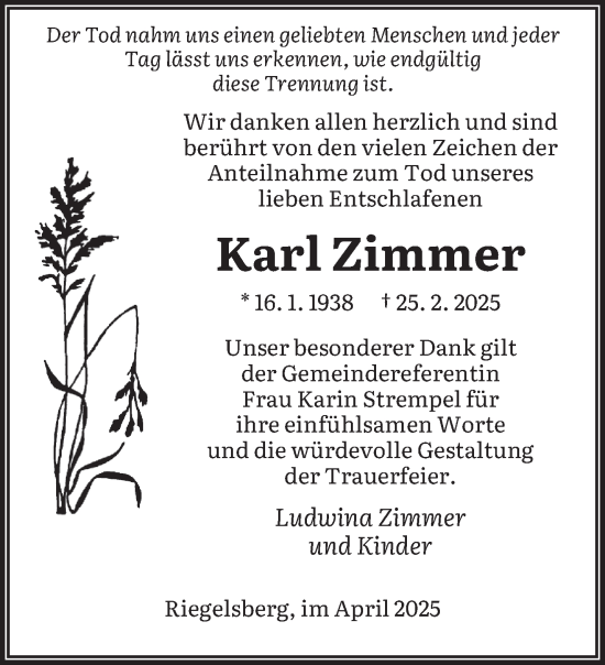 Todesanzeige von Karl Zimmer von saarbruecker_zeitung