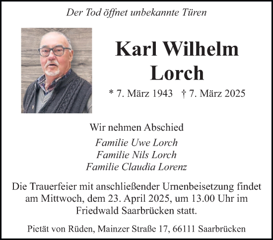 Todesanzeige von Karl Wilhelm Lorch von saarbruecker_zeitung