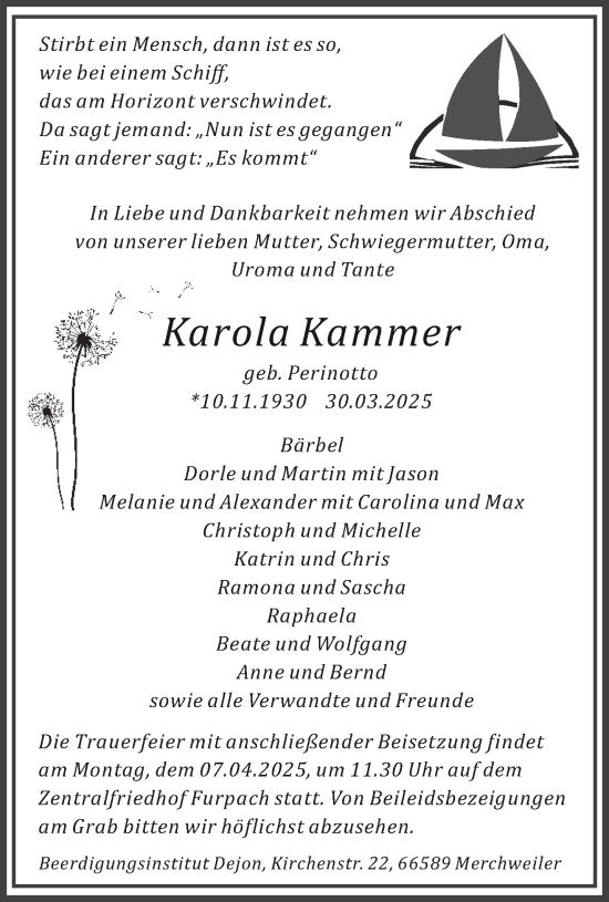 Todesanzeige von Karola Kammer von saarbruecker_zeitung