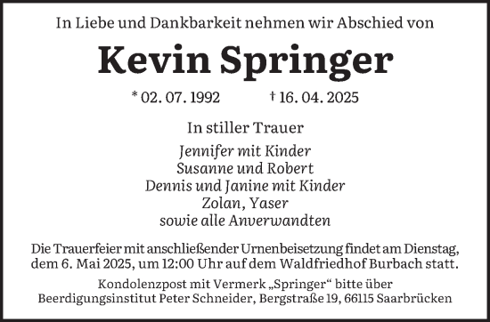 Todesanzeige von Kevin Springer von saarbruecker_zeitung