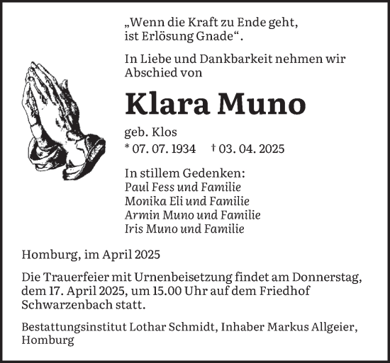 Todesanzeige von Klara Muno von saarbruecker_zeitung