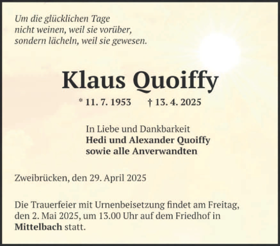 Todesanzeige von Klaus Quoiffy von saarbruecker_zeitung