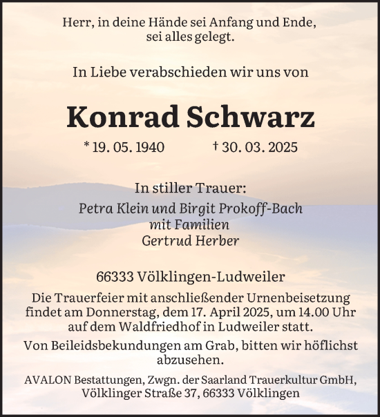 Todesanzeige von Konrad Schwarz von saarbruecker_zeitung