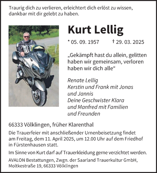 Todesanzeige von Kurt Lellig von saarbruecker_zeitung