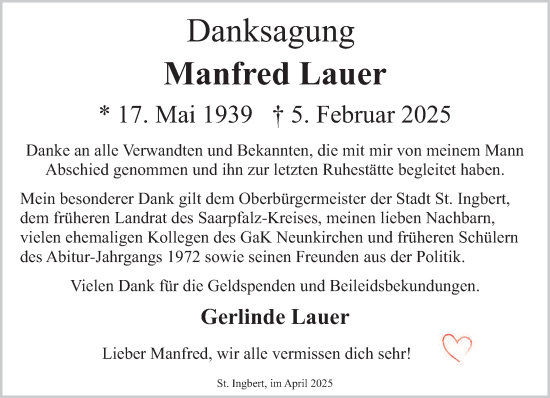 Todesanzeige von Manfred Lauer von saarbruecker_zeitung