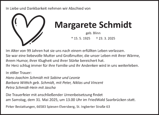 Todesanzeige von Margarete Schmidt von saarbruecker_zeitung