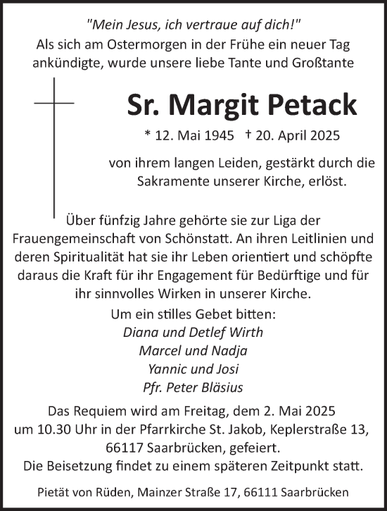 Todesanzeige von Margit Petack von saarbruecker_zeitung