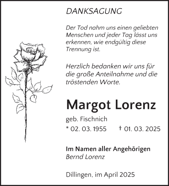 Todesanzeige von Margot Lorenz von saarbruecker_zeitung