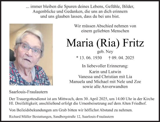 Todesanzeige von Maria Fritz von saarbruecker_zeitung