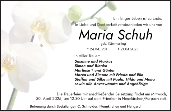 Todesanzeige von Maria Schuh von saarbruecker_zeitung