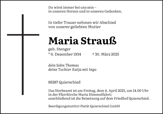 Todesanzeige von Maria Strauß von saarbruecker_zeitung