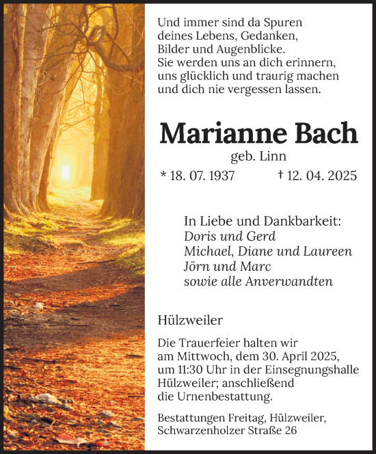 Todesanzeige von Marianne Bach von saarbruecker_zeitung
