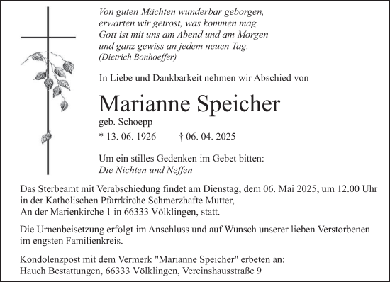 Todesanzeige von Marianne Speicher von saarbruecker_zeitung