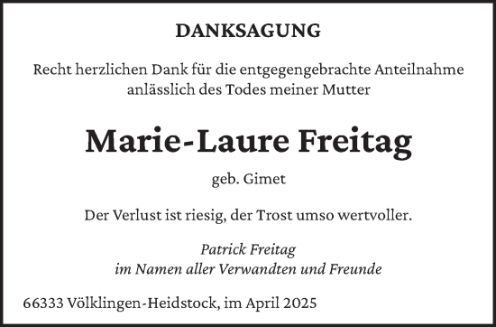 Todesanzeige von Marie-Laure Freitag von saarbruecker_zeitung