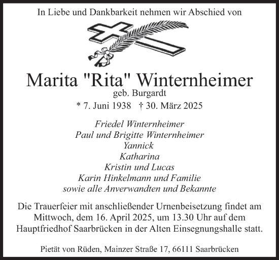 Todesanzeige von Marita Winternheimer von saarbruecker_zeitung