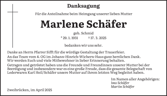 Todesanzeige von Marlene Schäfer von saarbruecker_zeitung