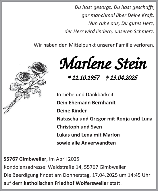 Todesanzeige von Marlene Stein von saarbruecker_zeitung
