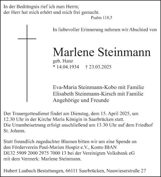 Todesanzeige von Marlene Steinmann von saarbruecker_zeitung