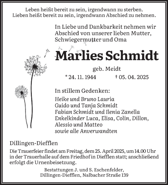 Todesanzeige von Marlies Schmidt von saarbruecker_zeitung