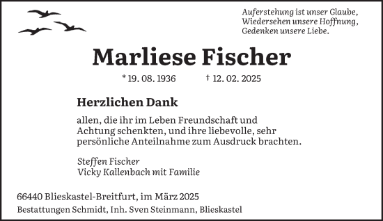 Todesanzeige von Marliese Fischer von saarbruecker_zeitung