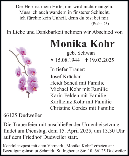 Todesanzeige von Monika Kohr von saarbruecker_zeitung