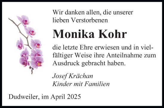 Todesanzeige von Monika Kohr von saarbruecker_zeitung