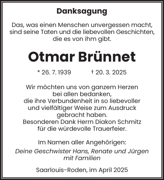 Todesanzeige von Otmar Brünnet von saarbruecker_zeitung