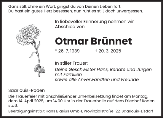 Todesanzeige von Otmar Brünnet von saarbruecker_zeitung