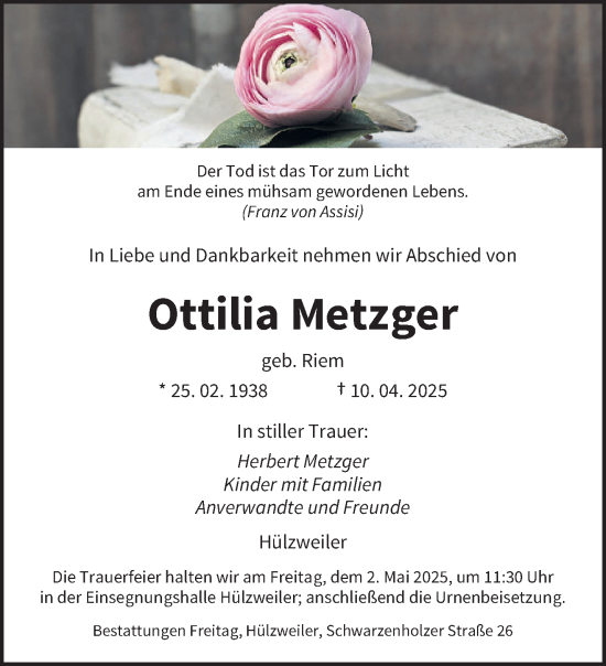 Todesanzeige von Ottilia Metzger von saarbruecker_zeitung