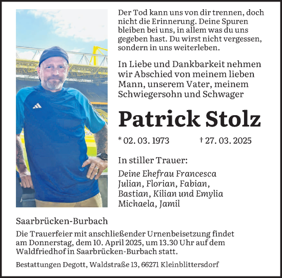 Todesanzeige von Patrick Stolz von saarbruecker_zeitung