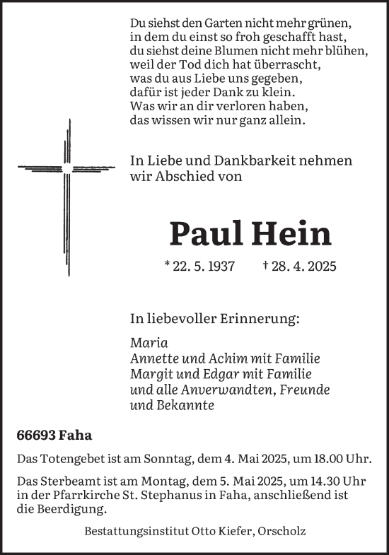 Todesanzeige von Paul Hein von saarbruecker_zeitung