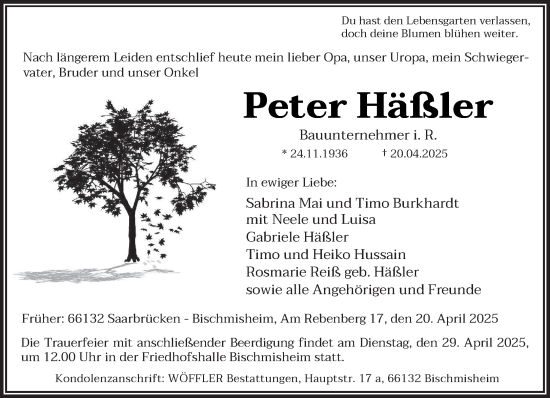 Todesanzeige von Peter Häßler von saarbruecker_zeitung