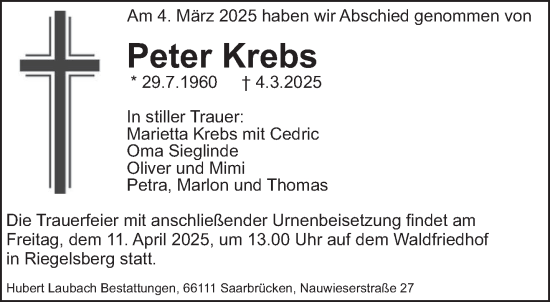 Todesanzeige von Peter Krebs von saarbruecker_zeitung