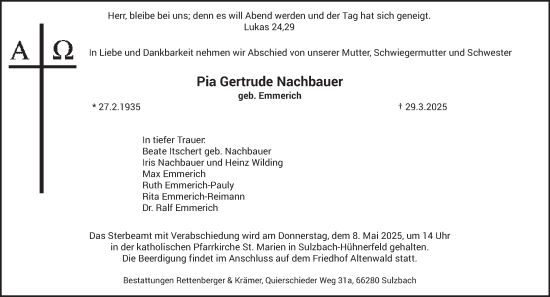 Todesanzeige von Pia Gertrude Nachbauer von saarbruecker_zeitung