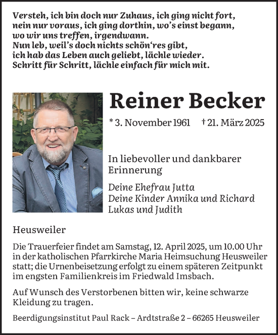 Todesanzeige von Reiner Becker von saarbruecker_zeitung