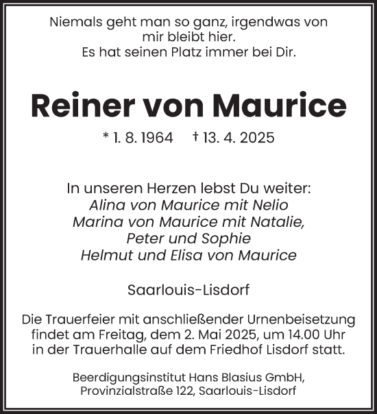 Todesanzeige von Reiner von Maurice von saarbruecker_zeitung