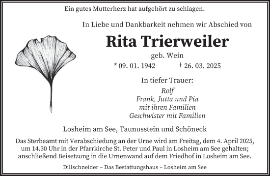 Todesanzeige von Rita Trierweiler von saarbruecker_zeitung