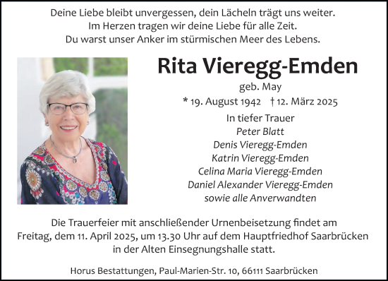 Todesanzeige von Rita Vieregg-Emden von saarbruecker_zeitung
