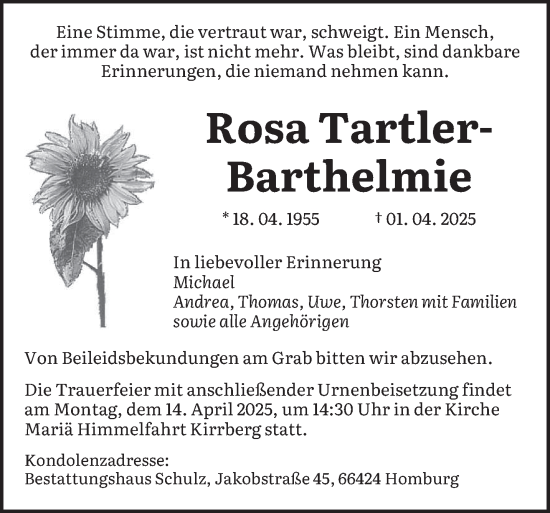 Todesanzeige von Rosa Tartler-Barthelmie von saarbruecker_zeitung