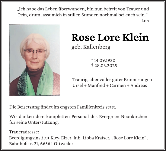 Todesanzeige von Rose Lore Klein von saarbruecker_zeitung