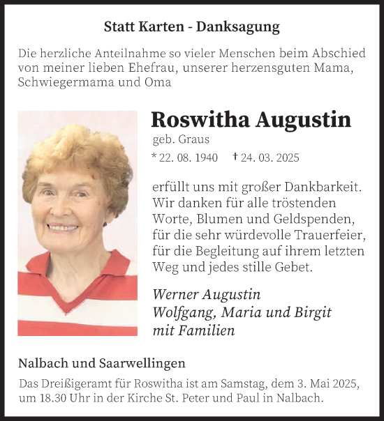Todesanzeige von Roswitha Augustin von saarbruecker_zeitung