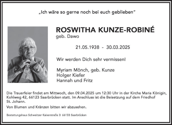 Todesanzeige von Roswitha Kunze-Robine von saarbruecker_zeitung