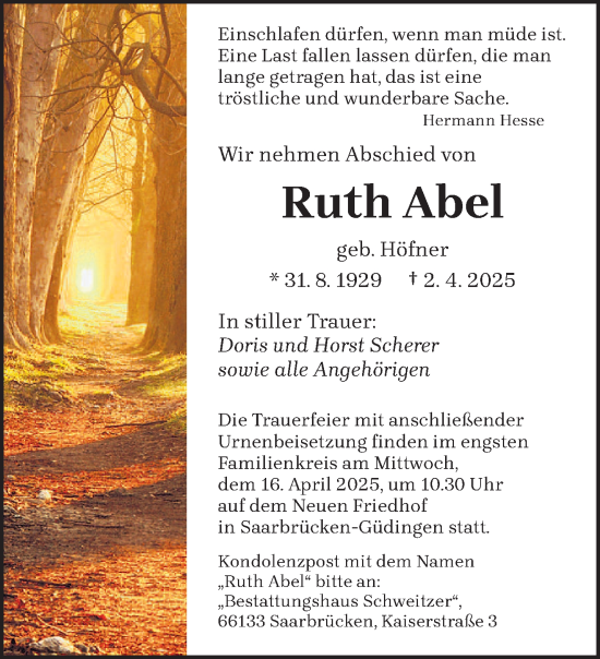 Todesanzeige von Ruth Abel von saarbruecker_zeitung