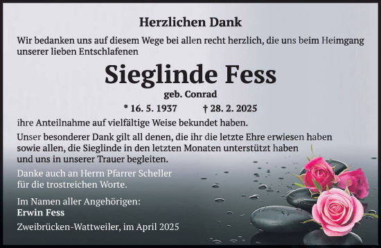 Todesanzeige von Sieglinde Fess von saarbruecker_zeitung