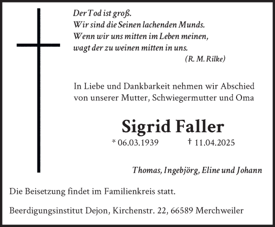Todesanzeige von Sigrid Faller von saarbruecker_zeitung