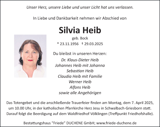 Todesanzeige von Silvia Heib von saarbruecker_zeitung