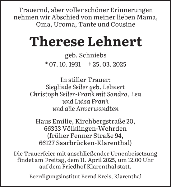 Todesanzeige von Therese Lehnert von saarbruecker_zeitung