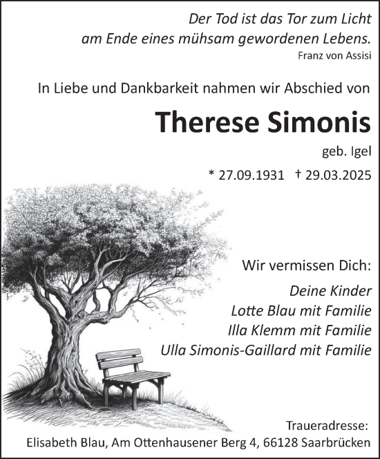 Todesanzeige von Therese Simonis von saarbruecker_zeitung
