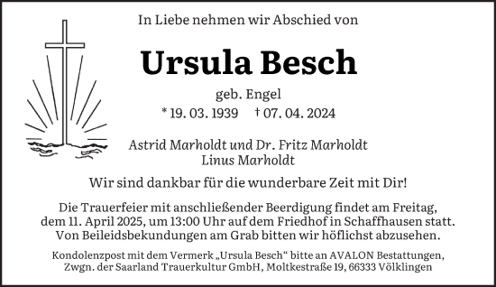 Todesanzeige von Ursula Besch von saarbruecker_zeitung