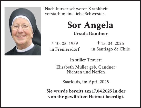 Todesanzeige von Ursula Gandner von saarbruecker_zeitung
